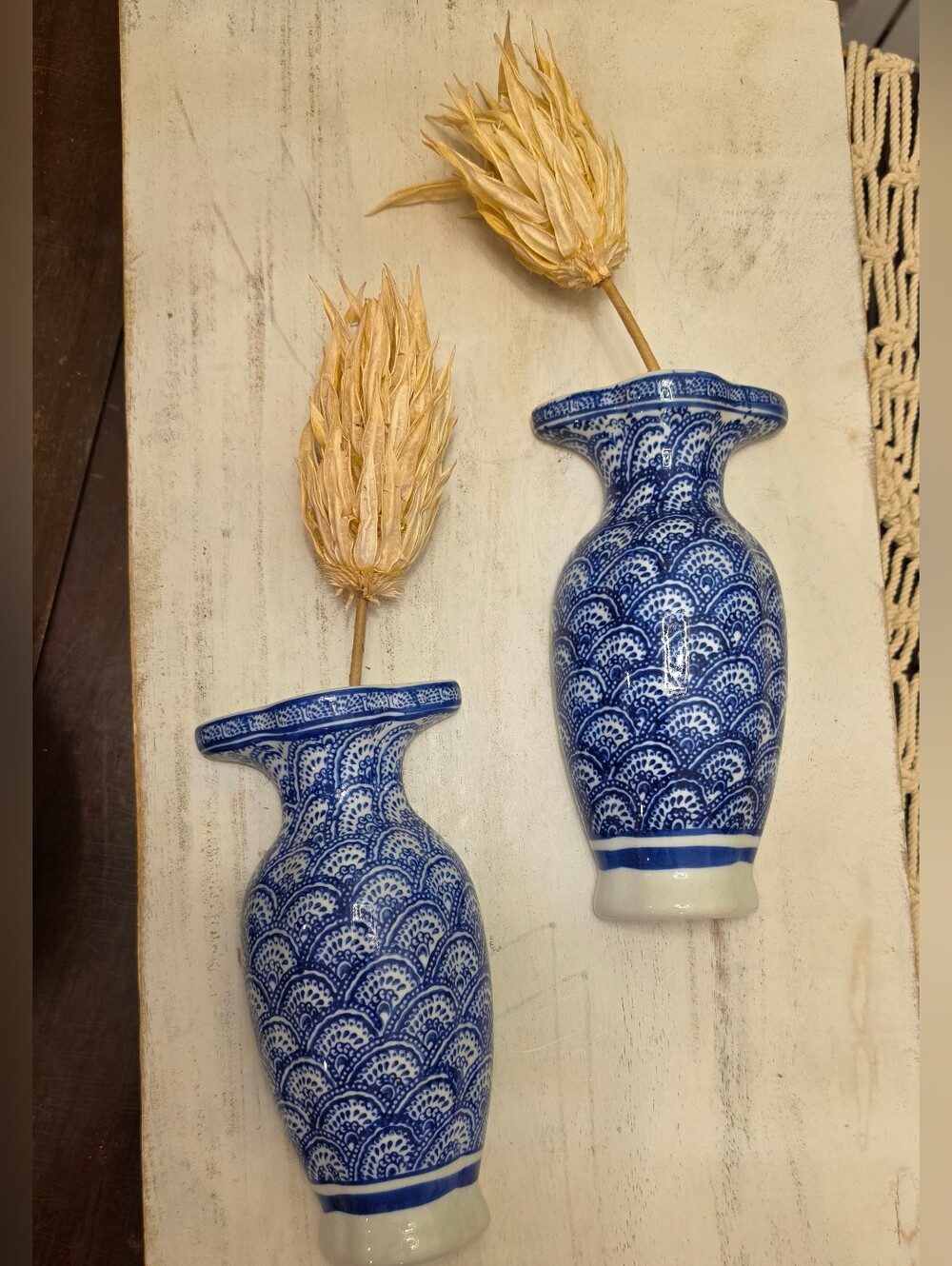 Vtg Bombay Company Blue White Ceramic Wall Pocket Vases Pair Fish Scale Sconce